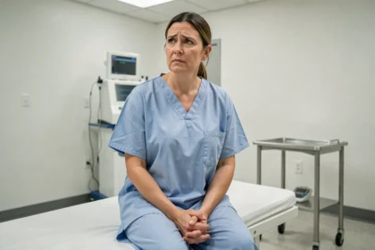 Femme patiente assise dans une salle d'examen médical, expression préoccupée, illustrant les infections urinaires à répétition