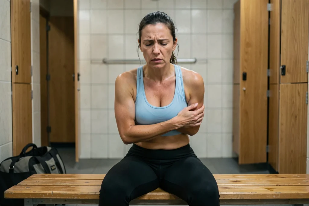Femme sportive assise dans un vestiaire tenant ses côtes après une douleur thoracique suite à l'effort
