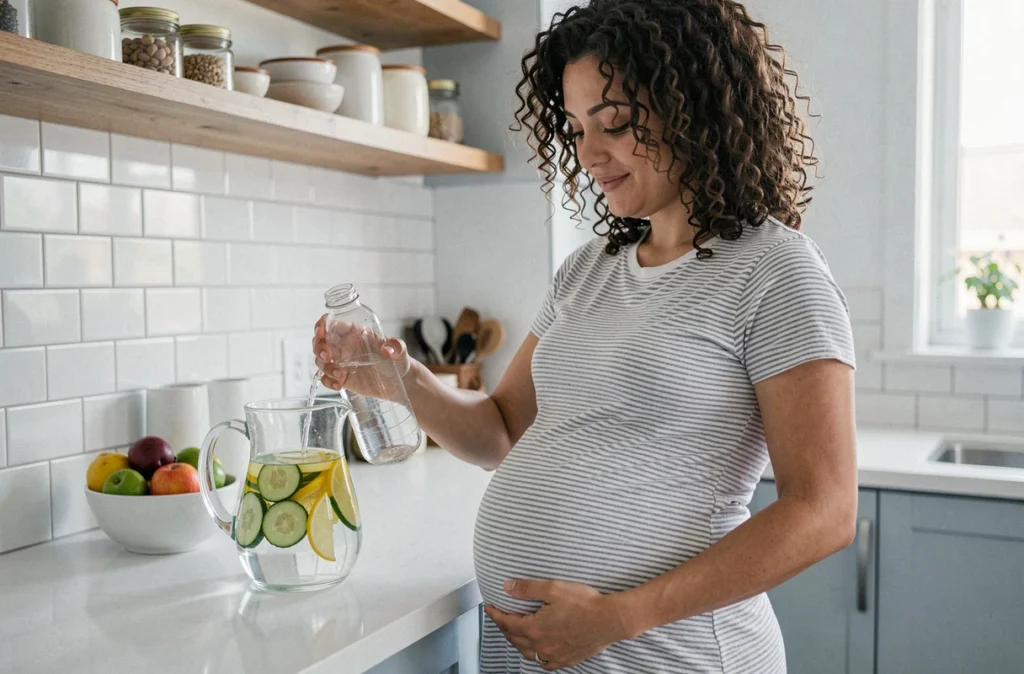 Femme enceinte préparant une bouteille d'eau infusée au concombre et au citron dans une cuisine moderne
