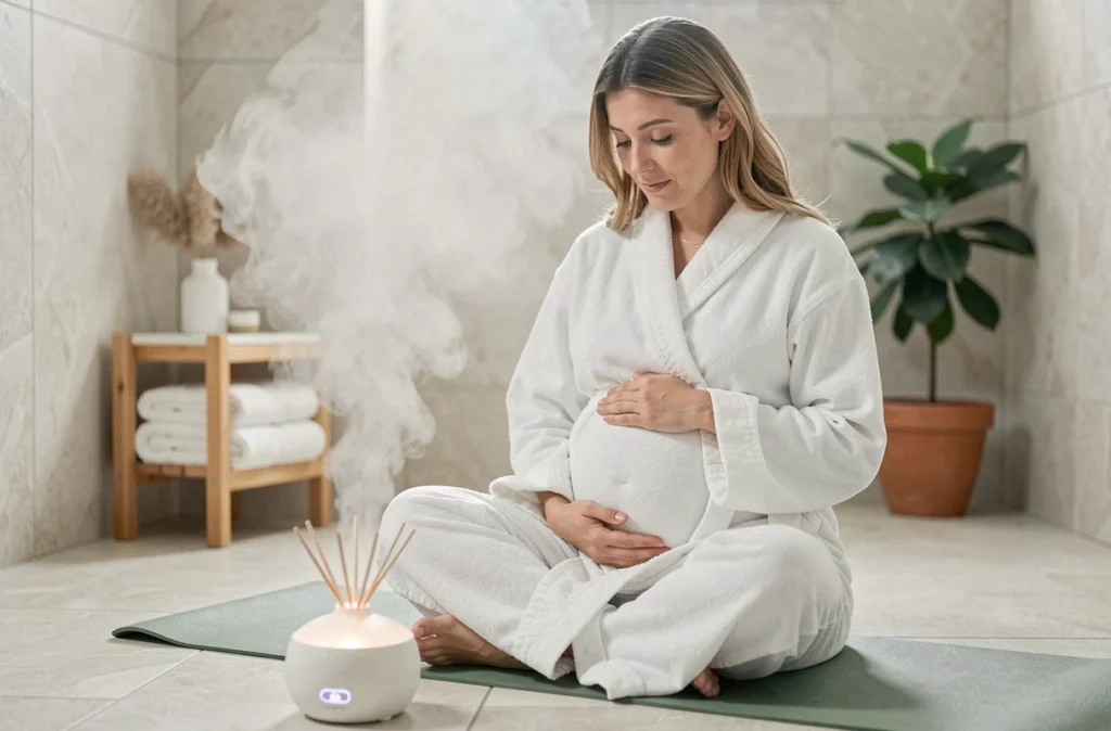 Femme enceinte méditant près d'un diffuseur d'huiles essentielles dans une salle de bain apaisante