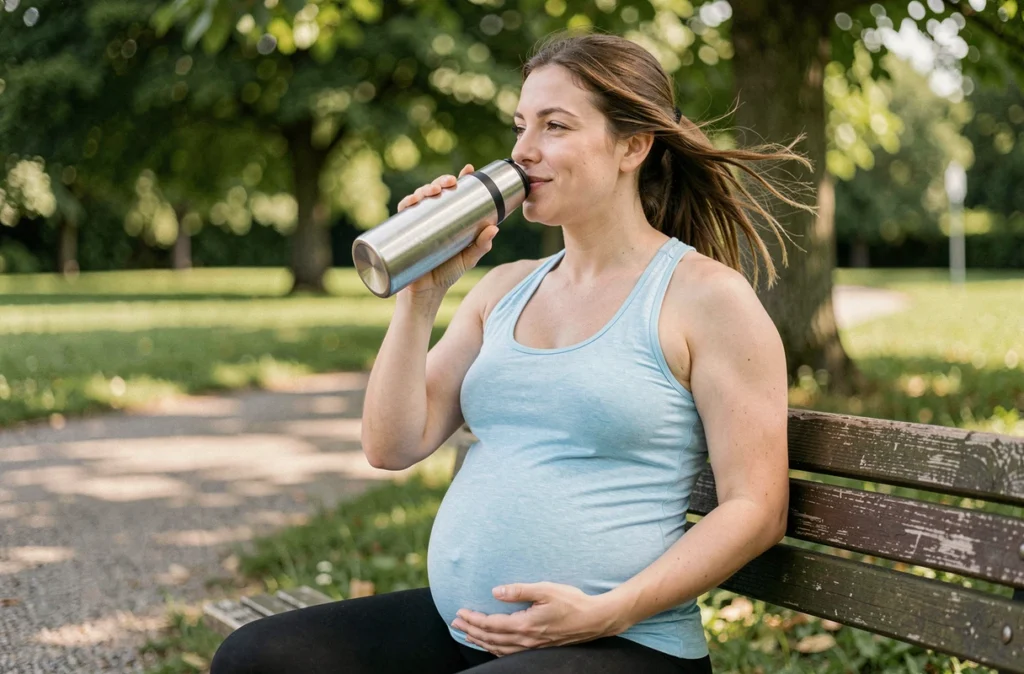 Femme enceinte buvant à une gourde isotherme sur un banc de parc lors d'une promenade en plein air