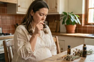 Femme enceinte tenant prudemment un flacon d'huile essentielle dans une cuisine en bois naturel