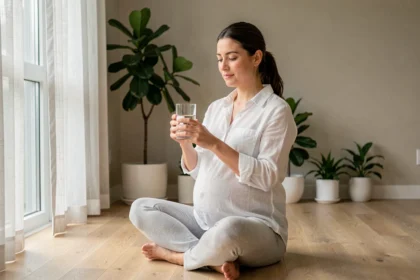 Femme enceinte tenant un verre d'eau et souriant paisiblement dans un salon lumineux et minimaliste