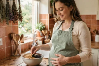 Femme enceinte préparant un bol de légumineuses colorées dans une cuisine rustique chaleureuse