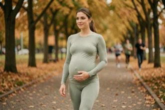 Femme enceinte marchant dans un parc en automne, vêtue d'une tenue de sport maternité verte, main posée sur son ventre arrondi