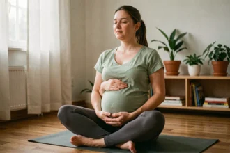 Femme enceinte au troisième trimestre pratiquant la méditation sur un tapis de yoga dans un salon calme pour gérer le stress