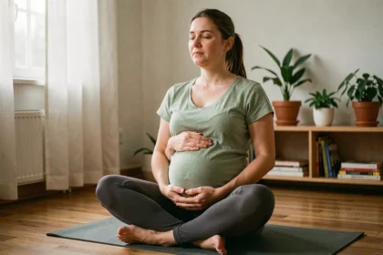 Femme enceinte au troisième trimestre pratiquant la méditation sur un tapis de yoga dans un salon calme pour gérer le stress