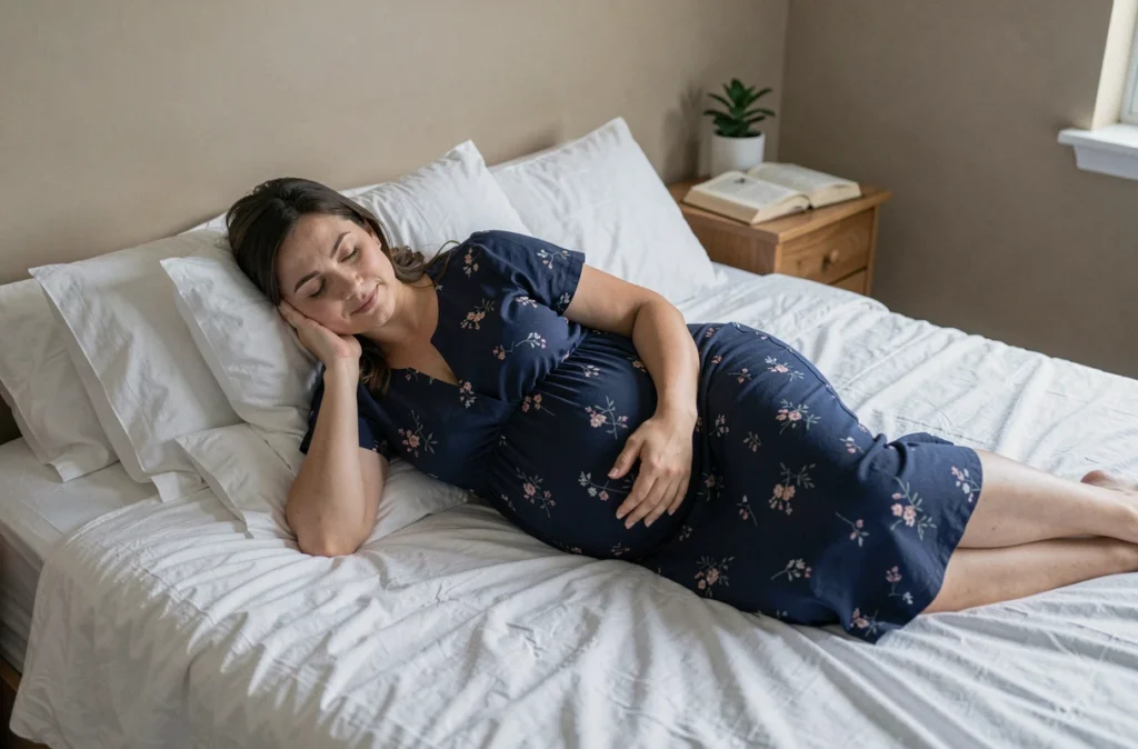 Femme enceinte au troisième trimestre se reposant sur le côté avec un coussin de grossesse dans une chambre apaisante pour réduire le stress