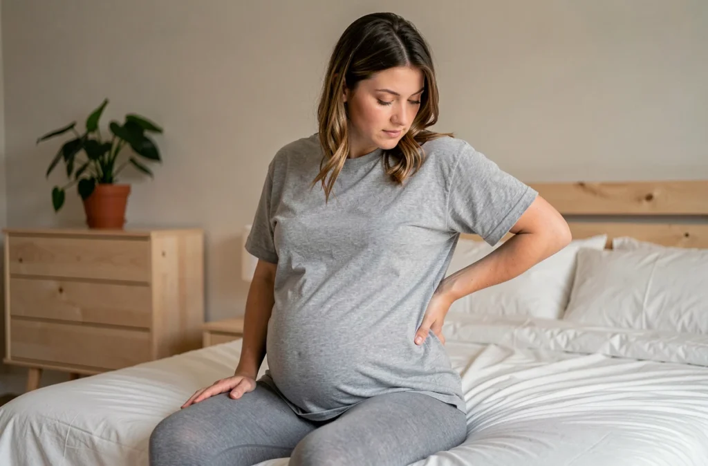Femme enceinte assise sur le lit se massant le dos dans une chambre minimaliste scandinave