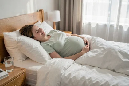 Femme enceinte allongée sur le côté avec un coussin de maternité dans une chambre cosy aux tons chauds