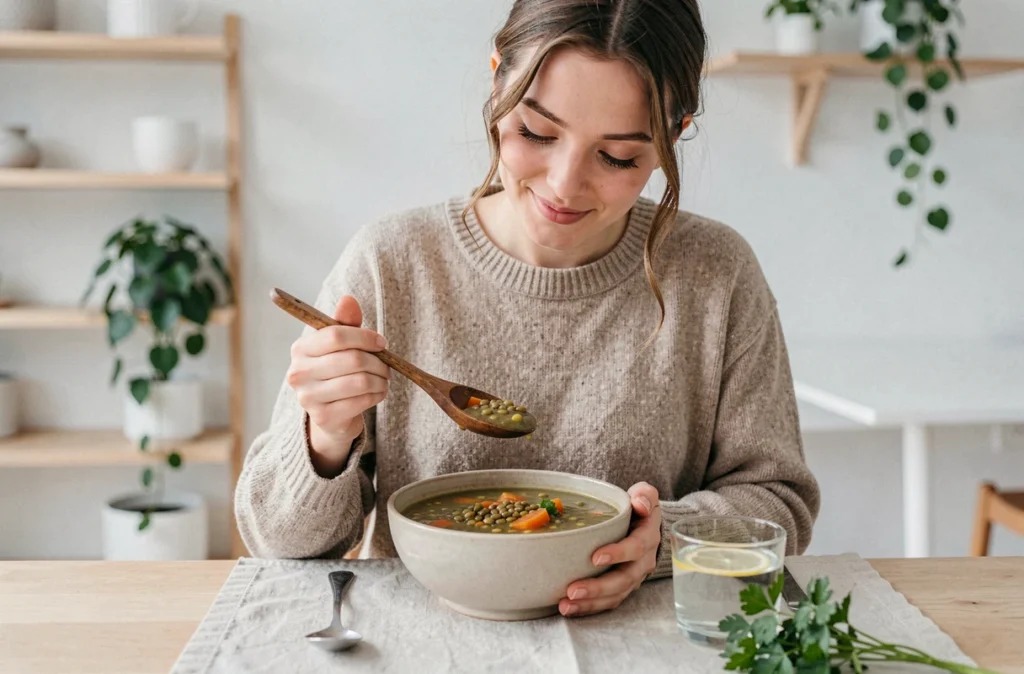 Femme enceinte dégustant une soupe de lentilles nutritive à une table de style scandinave