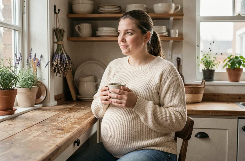 Femme enceinte au troisième trimestre se relaxant avec une tasse de tisane dans une cuisine chaleureuse pour soulager le stress prénatal