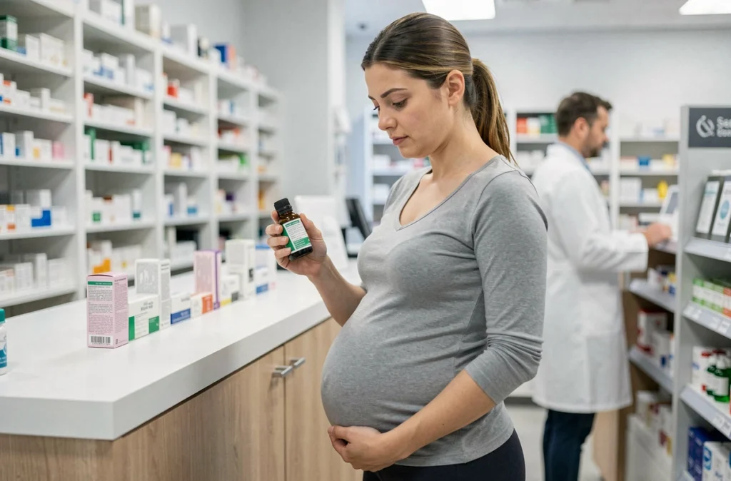 Femme enceinte lisant l'étiquette d'une huile essentielle en pharmacie avec attention