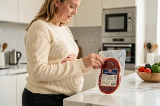 Femme enceinte lisant l'étiquette d'un paquet de viande des Grisons dans une cuisine moderne