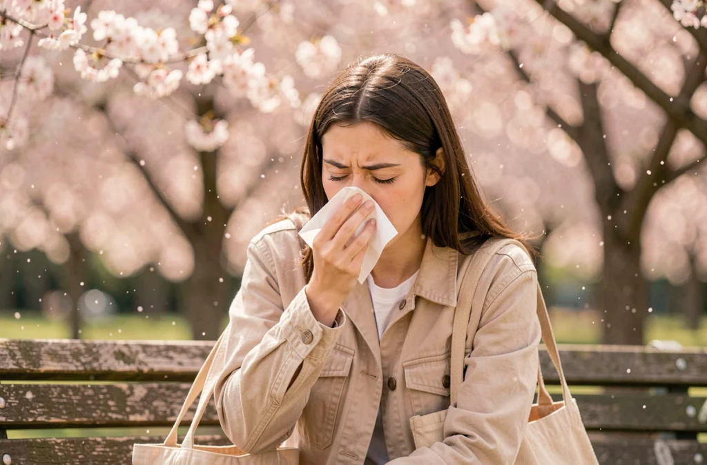 Jeune femme qui éternue dans un parc au printemps en tenant un mouchoir, entourée d'arbres en fleurs représentant les allergènes saisonniers