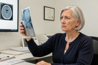 Femme de 55 ans examinant une IRM cérébrale dans un cabinet neurologique, taches blanches visibles sur le film radiologique