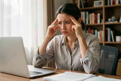 Femme fatiguée assise à son bureau, tenant sa tête entre ses mains, symbolisant les difficultés de concentration liées aux allergies saisonnières