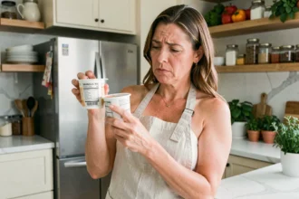 Femme lisant attentivement les étiquettes nutritionnelles d'un yaourt pour détecter les sucres cachés dans une cuisine moderne