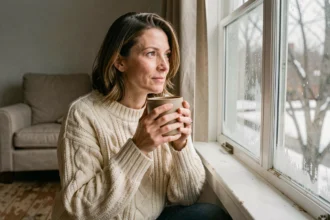 Femme sereine près d'une fenêtre hivernale tenant une tasse de thé, profitant de la lumière naturelle pour lutter contre la dépression saisonnière