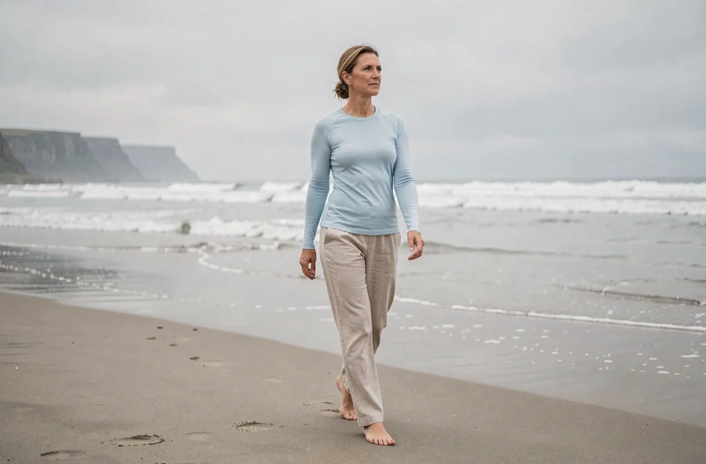Femme marchant pieds nus sur la plage dans le cadre d'une routine minceur quotidienne