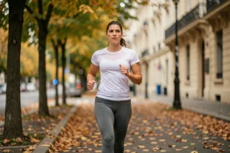 Femme marchant rapidement sur un trottoir urbain en automne dans le cadre d'un programme minceur