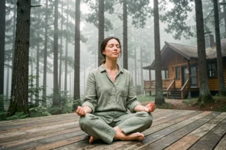 Femme en méditation sur une terrasse en bois entourée de forêt de pins lors d'une retraite de ressourcement en pleine nature