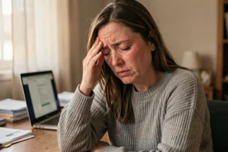 Femme souffrant d'une migraine ophtalmique assise à son bureau à domicile, les doigts pressés contre la tempe, illustrant l'impact des crises de migraine sur la vie quotidienne