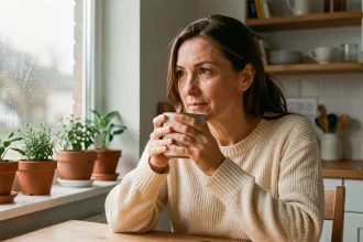 Femme pensive tenant une tasse de thé près d'une fenêtre pluvieuse, illustrant la prise de conscience émotionnelle liée aux troubles digestifs comme le diverticule