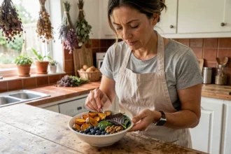Femme préparant un bol d'aliments anti-inflammatoires dans une cuisine rustique avec légumes rôtis au curcuma, myrtilles et noix