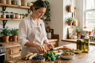 Femme préparant un repas anti-inflammatoire avec des aliments frais et colorés sur un plan de travail en bois rustique