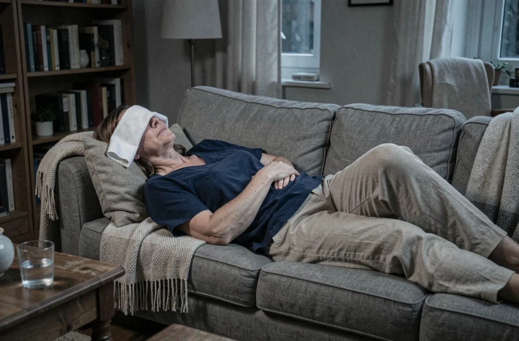 Femme allongée sur un canapé avec un linge humide sur les yeux lors d'une crise de migraine ophtalmique, illustrant l'impact sur la qualité de vie et le besoin de repos