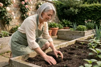 Femme senior de 68 ans qui jardine dans son potager surélevé, les mains dans la terre, expression sereine et épanouie
