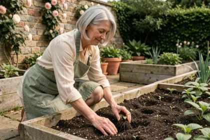 Femme senior de 68 ans qui jardine dans son potager surélevé, les mains dans la terre, expression sereine et épanouie