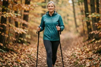 Femme senior pratiquant la marche nordique en forêt automnale avec des bâtons de marche