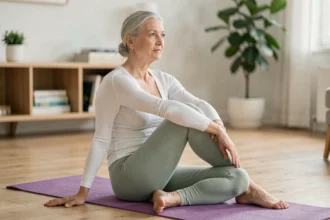 Femme senior pratiquant une posture de yoga doux en torsion assise sur un tapis dans son salon