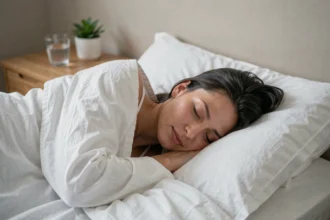 Femme dormant paisiblement dans une chambre épurée, illustrant l'importance du sommeil pour la perte de poids