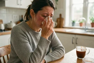 Femme fatiguée avec tissu à la main assise dans une cuisine, symptômes évocateurs de la période d'incubation du Covid