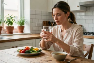 Femme tenant un verre d'eau avant un repas dans une cuisine moderne, illustrant le lien entre hydratation et satiété