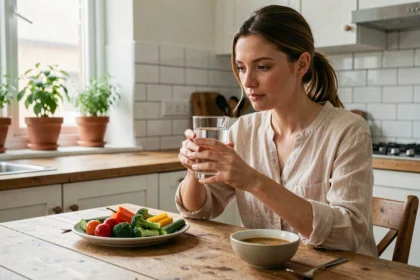 Femme tenant un verre d'eau avant un repas dans une cuisine moderne, illustrant le lien entre hydratation et satiété