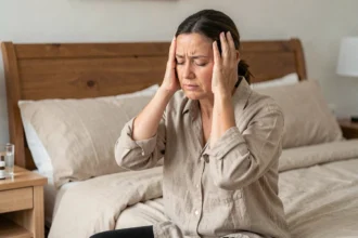 Femme souffrant de vertiges liés à la maladie de Ménière assise sur son lit, mains sur les tempes