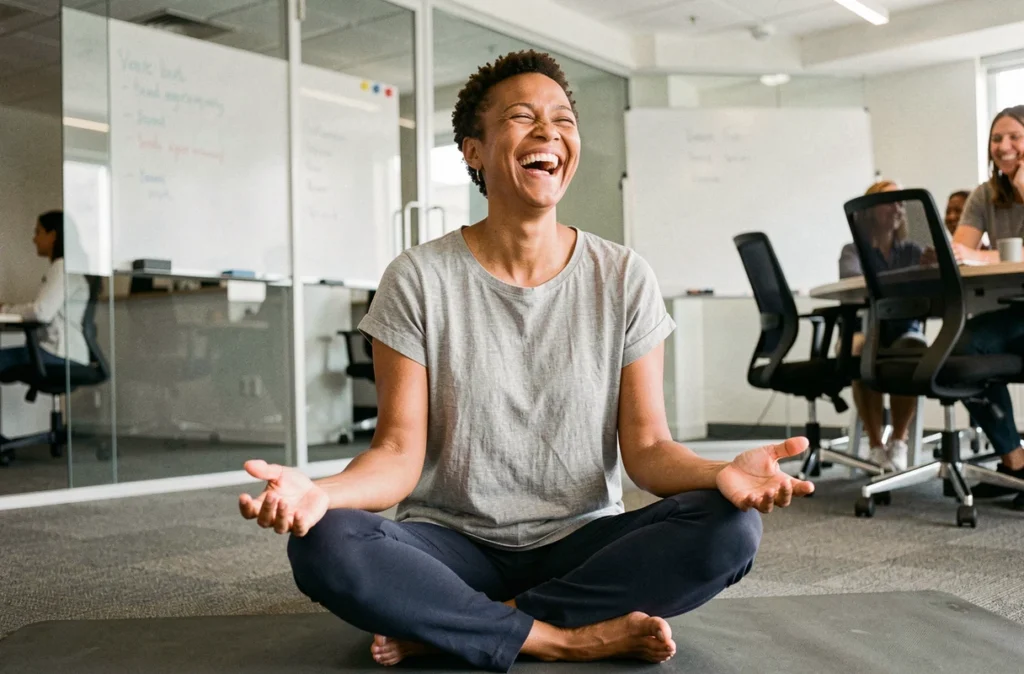 Femme pratiquant le yoga du rire lors d'une séance de gestion du stress en entreprise dans une salle de réunion moderne