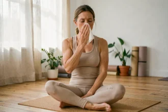 Femme pratiquant le yoga en studio adaptant sa séance face aux allergies saisonnières