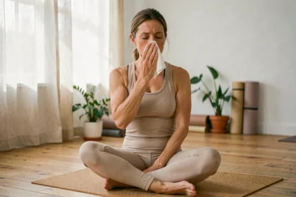 Femme pratiquant le yoga en studio adaptant sa séance face aux allergies saisonnières