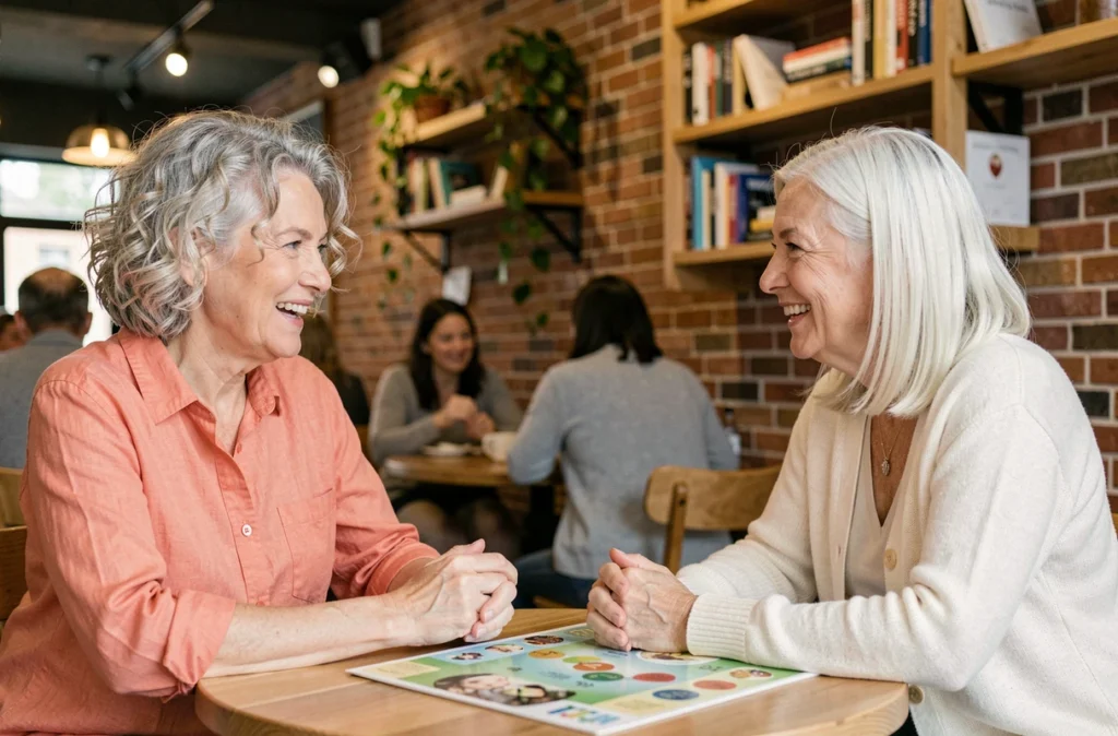 Deux femmes seniors jouant à un jeu de société dans un café, la stimulation sociale favorisant la mémoire au fil des années