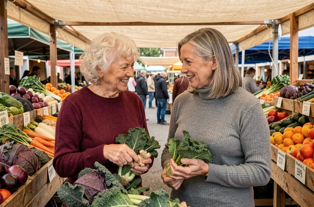 Deux femmes seniors choisissant des légumes frais au marché pour une alimentation bénéfique aux articulations