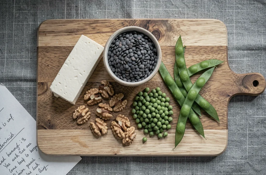 Vue aérienne d'ingrédients protéinés végétaux arrangés sur une planche en bois, style éditorial nutrition