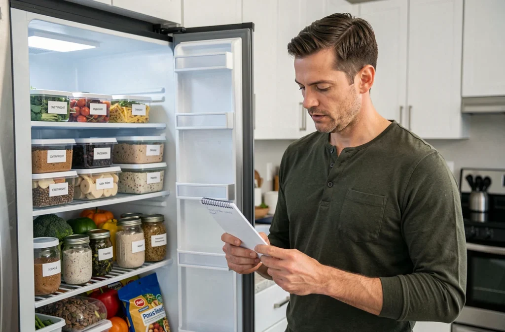 Homme organisant ses repas préparés à l'avance dans un réfrigérateur bien rangé avec des contenants étiquetés