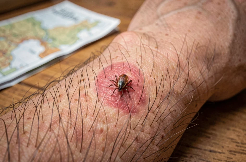 Gros plan d'une tique incrustée dans la peau avec rougeur caractéristique de la maladie de Lyme