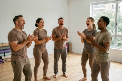 Groupe d'adultes pratiquant le yoga du rire en cercle dans un studio de yoga minimaliste aux parquets en bois