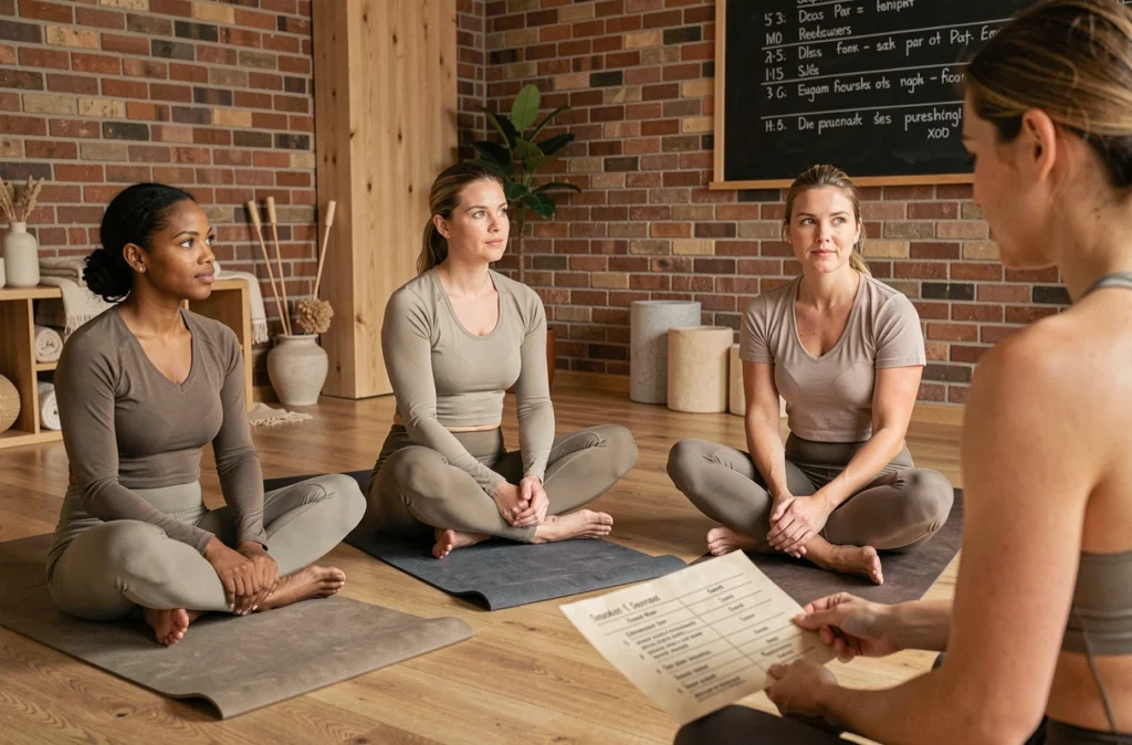 Groupe de professionnels en séance de yoga suivant un planning structuré dans un studio boutique
